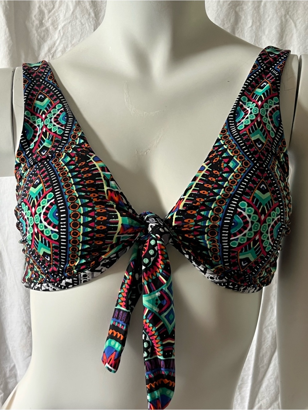 Tie-Front Reversible Bikini Top in Multicolor Paisley/ Black and White